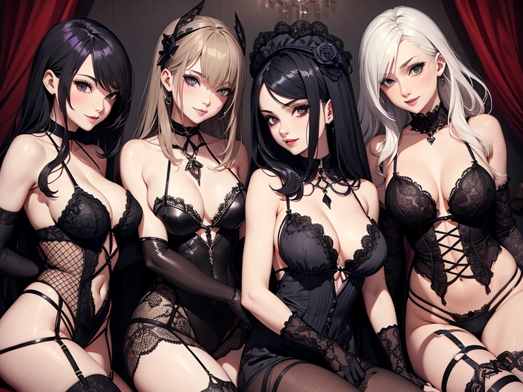 four sexy women in goth lingerie, flirtatious smiles, on bed, various hair, portrait