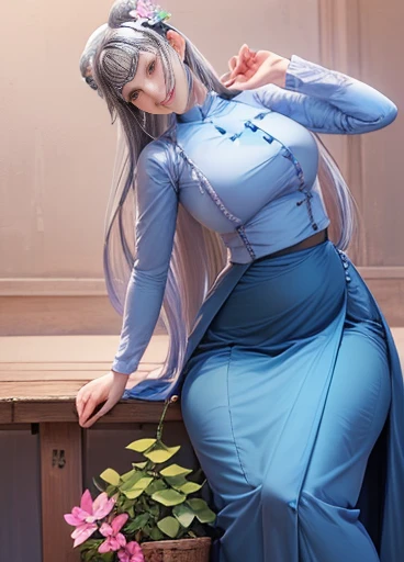 photorealistic, high resolution, masterpiec e best quality ultra-detailed, 1women. (m edium breast), hair bun, jesmine flower o n the head, mature female, solo, hips up, (wearing acmmsayarma outfit, acmmsaya rma ( 💙 top ) with buttons, long sleeves), ((acmmsayarma  💙  long skirt) 