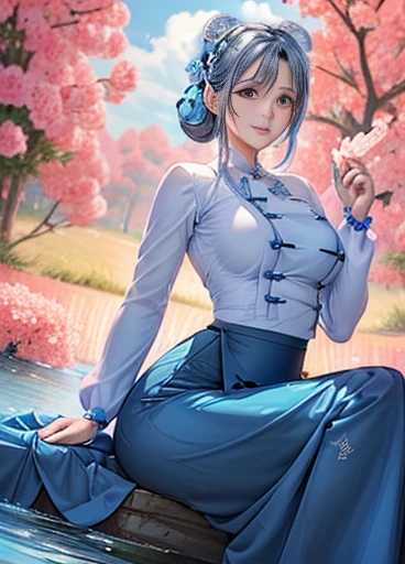 photorealistic, high resolution, masterpiec e best quality ultra-detailed, 1women. (m edium breast), hair bun, jesmine flower o n the head, mature female, solo, hips up, (wearing acmmsayarma outfit, acmmsaya rma ( 💙 top ) with buttons, long sleeves), ((acmmsayarma  💙  long skirt) 