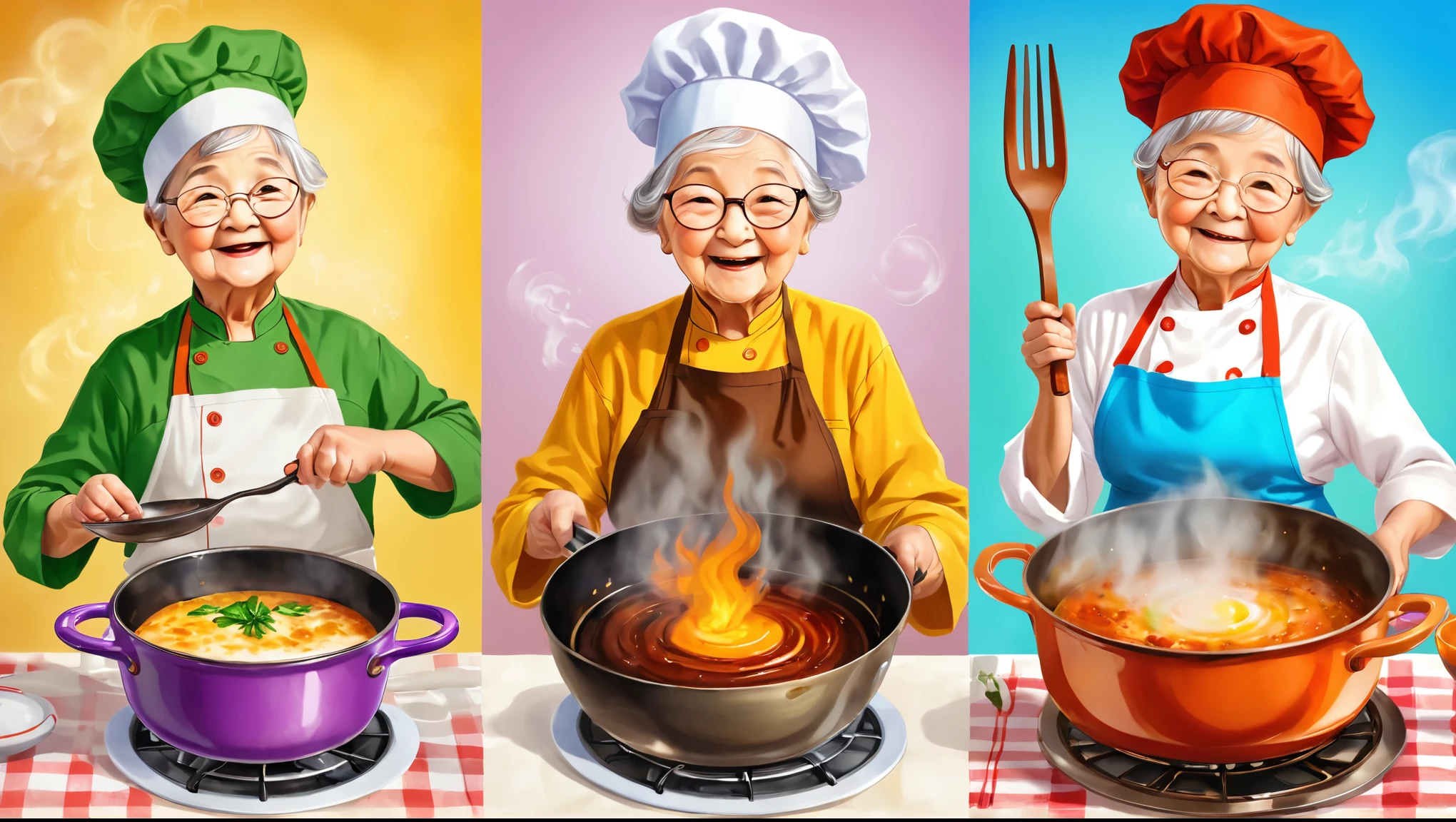 3 images in one, The grandson is spoiled(burnt) dish,
Grandma most often has something homemade, cute, child-friendly.
The chef is professional, необычное dish
digital painting