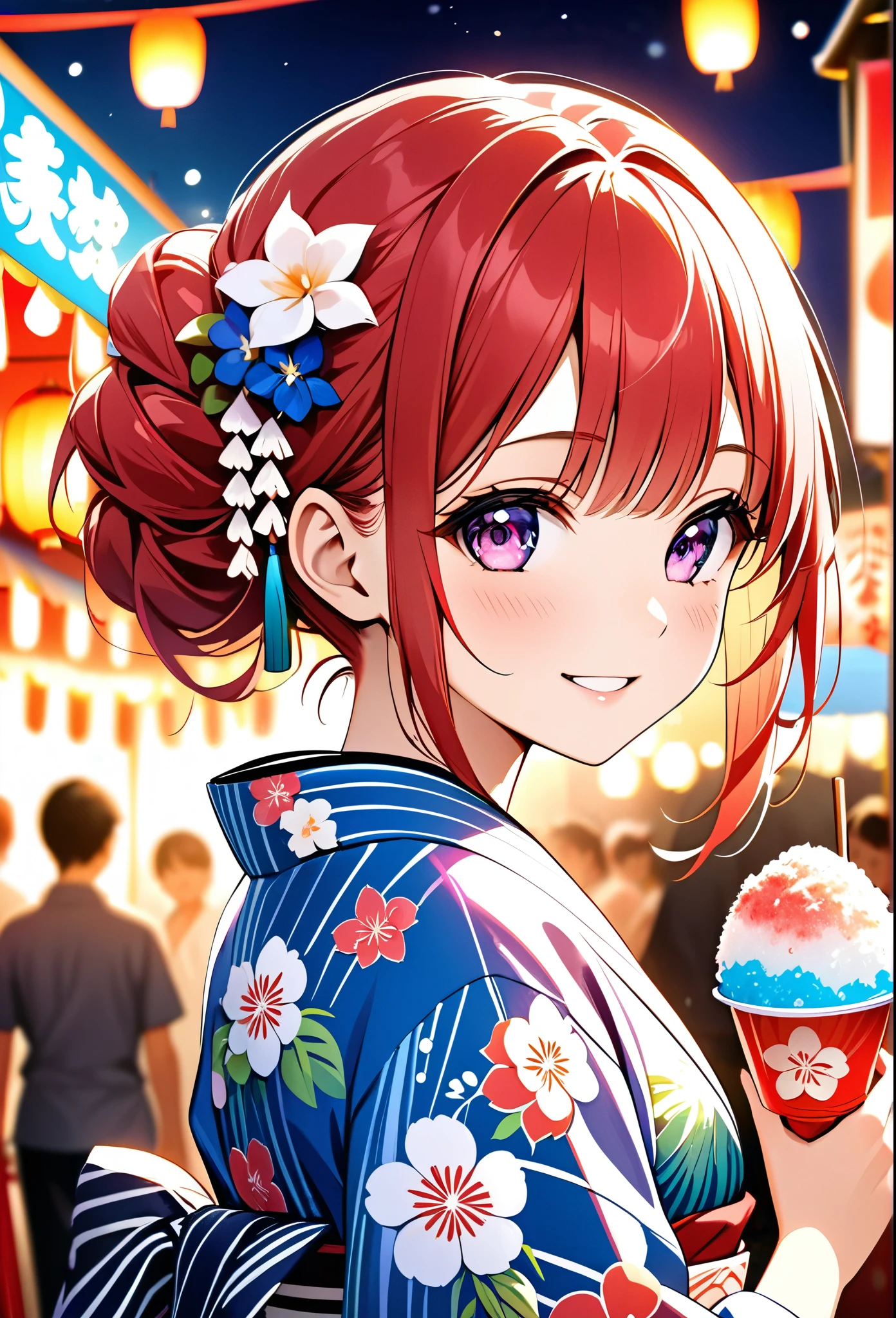 A girl is smiling while eating shaved ice at a summer festival.The girl is very cute and youthful, Red twin-tailed hair,Wearing a barrette on a kimono.The girl is wearing a yukata with a beautiful pink pattern.Holding a shaved ice with red syrup, he flashes a proud smile at the camera.Summer festival background with summer festival night stalls lined up,The lights of the night stalls and lanterns make the girls look beautiful.The beauty, luster and texture of the girl's hair, the cuteness of her face and the beauty of her skin, the texture of the yukata based on the Japanese tradition,The beauty and texture of the obi,The beauty of the light on the shaved ice,The fantastic beauty of the lights at night stalls and festivals,Back view, girl looking at camera.(
High quality, high definition, masterpiece, best quality, 4k, 8k:1.2).Ultra detail,Cinema lighting, ultra-fine painting,Super Fine View,Professional photography,beautiful girl