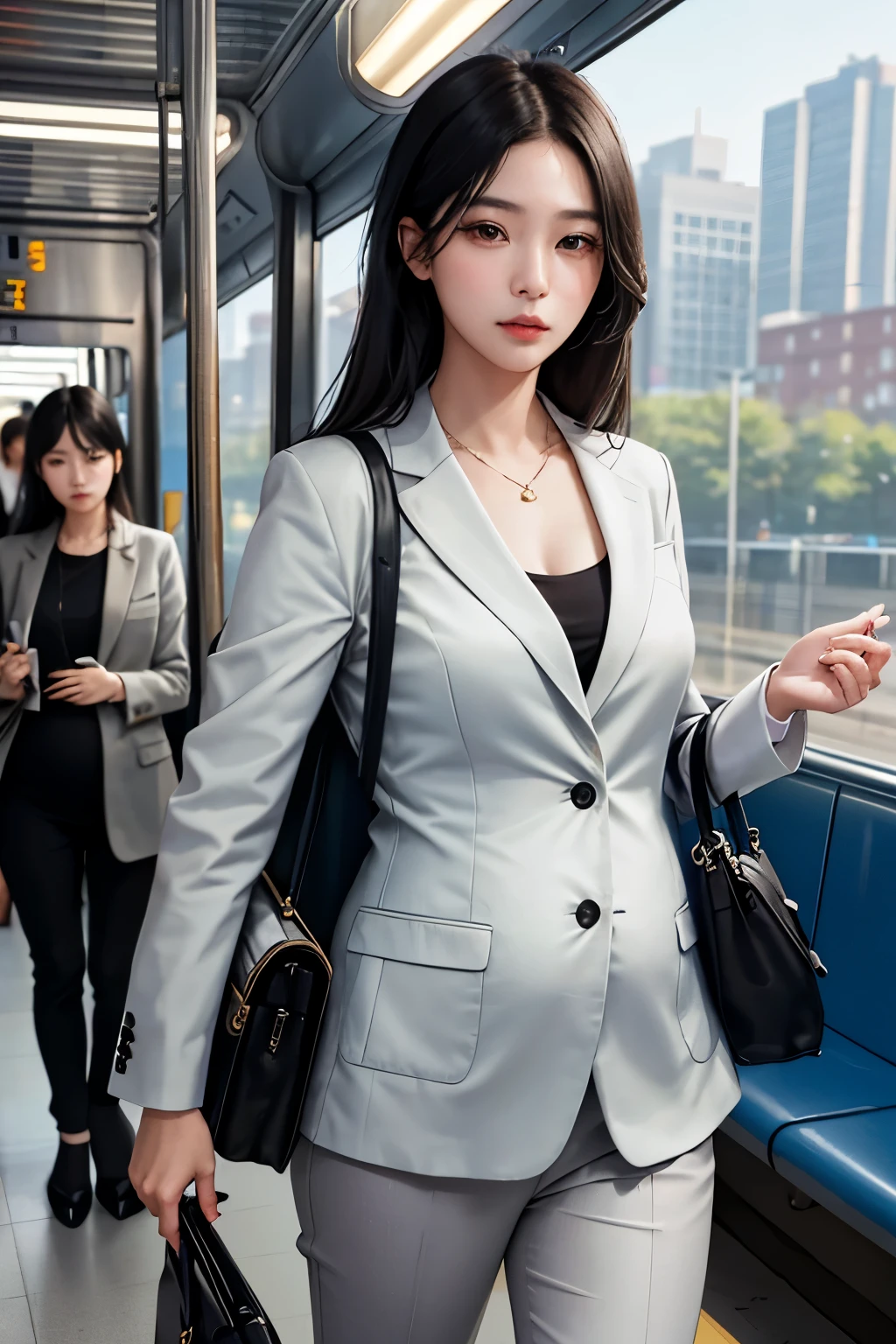 masterpiece, 最high quality, (Realistic), high quality, 4K, (masterpiece:1.2), (最high quality:1.2), (Realistic photos:1.2), 8k, Movie Poster Photo, Intricate details,
A young Korean woman in office clothes is standing holding the handrail in the subway, Lost in deep thought during the morning rush hour on the way to work. She is in a grey blazer、She is wearing matching pants and black heels.。. Her jet black hair was neatly parted.、Flowing down my shoulders. She holds the phone in one hand、With his other hand he keeps his balance as the train sways.。. Dazed urban commuters fill the subway car around her., But the woman is gazing pensively into the distance, Mentally prepare yourself for a busy day ahead. The metallic sound of a train running on the tracks echoes in the background.、City buildings swiftly pass by in the sunlight。
(( 3/4 bodies )), (masterpiece,最high quality:1.5)During pregnancy