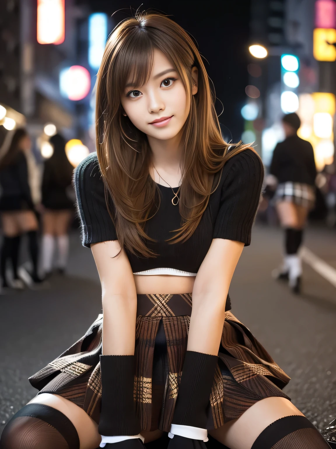 masterpiece, best quality, ultra-detailed, intricately detailed hyperdetailed, realistic, sharp features, highly detailed, sharp focus, Realistic, Photorealistic:1.3, (19 years old:1.3), perfect face, perfect symmetrically eyes, perfect full lips, hyper detailed, hyper realistic, high resolution, Fashion Model, Japanese Idol, Slender, brown hair, Stylish, model poses, Beautiful Face, light brown hair, messy hair, Beautiful hairstyle, (seductive smile:1.2), (looking at viewer), cinematic lighting, blurred background, (Black knit:1.2), ((mini plaid skirt, black high socks)), (Shibuya),