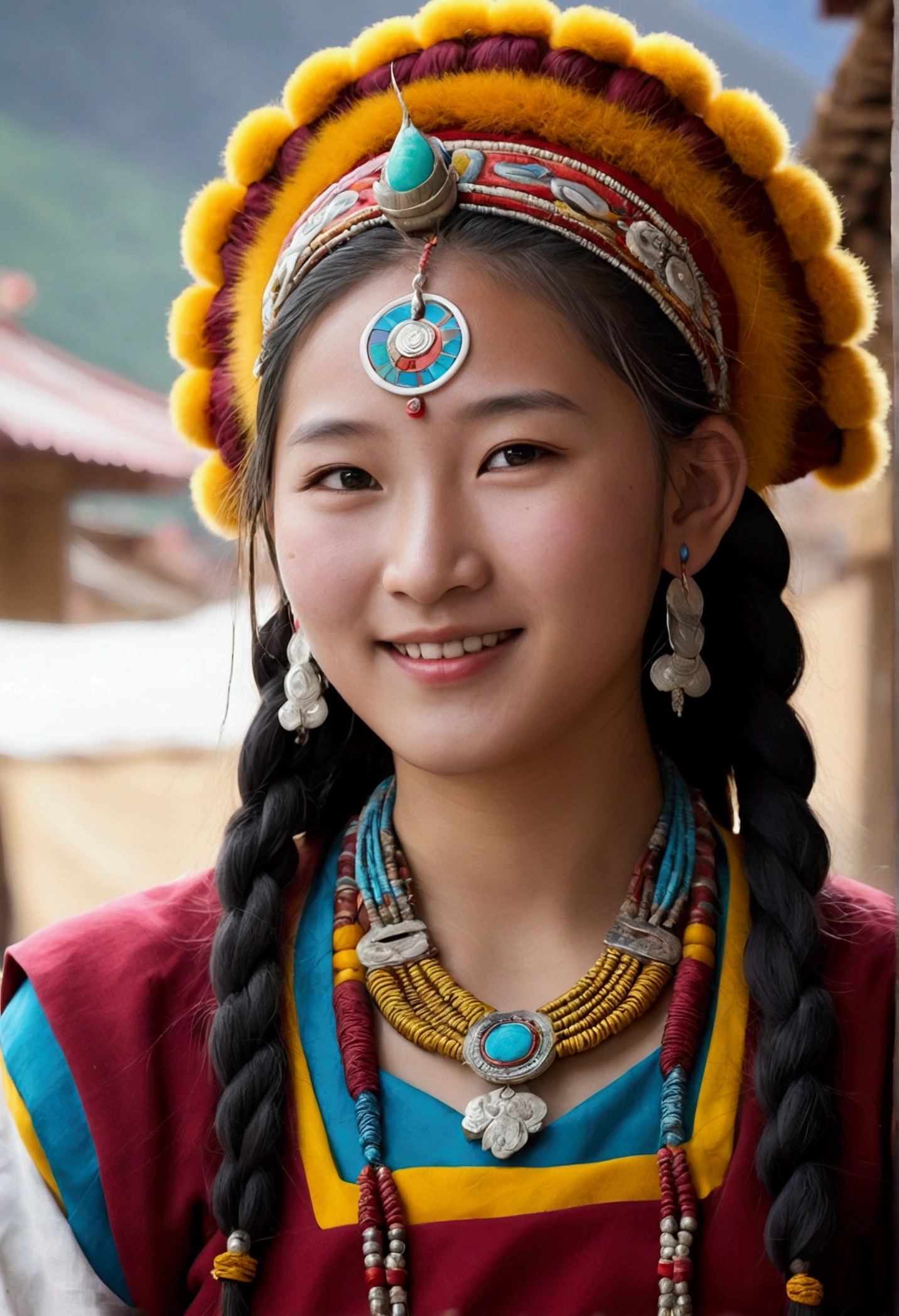 a girl, Long braids, Tibetan girl, close up, head slightly raised, ssmile, bust photo, trunk, Yang transcendence appearance, cute tibetan costume, heavy Tibetan necklace, heavy Tibetan headdress, fuzz on clothes, gripe animal branca, real person CG, sweet style, movie style, HD 4k