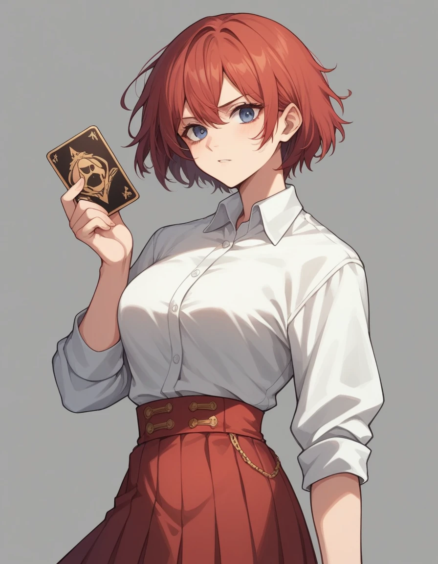 Anime girl with short red hair that reaches the nape of her neck. White shirt with gold embroidery and red skirt.., fierce blue eyes, There is 1 black card in the main character.'hand., The background is a fierce and powerful flame.