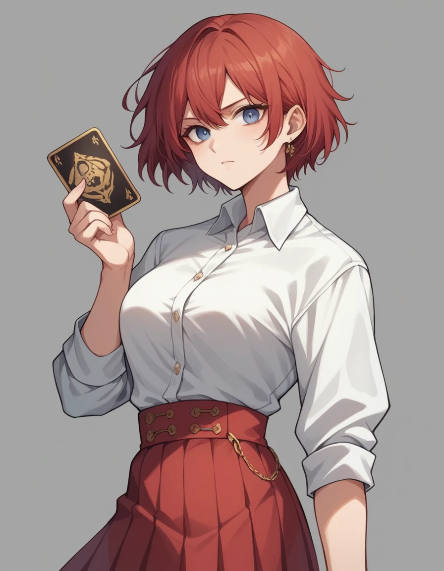 Anime girl with short red hair that reaches the nape of her neck. White shirt with gold embroidery and red skirt.., fierce blue eyes, There is 1 black card in the main character.'hand., The background is a fierce and powerful flame.