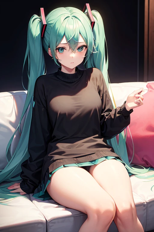 Create Hatsune Miku with her classic clothes sitting on a sofa with a nervous expression