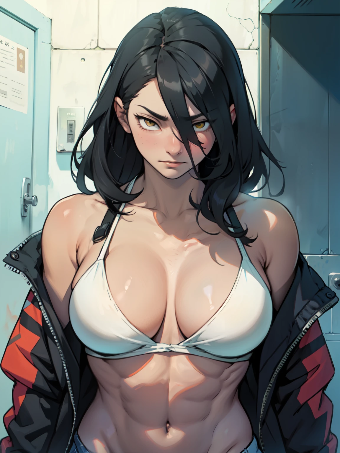 perfect anatomy muscular girl big breasts empty eyes embarrassed black hair yellow eyes pale skin