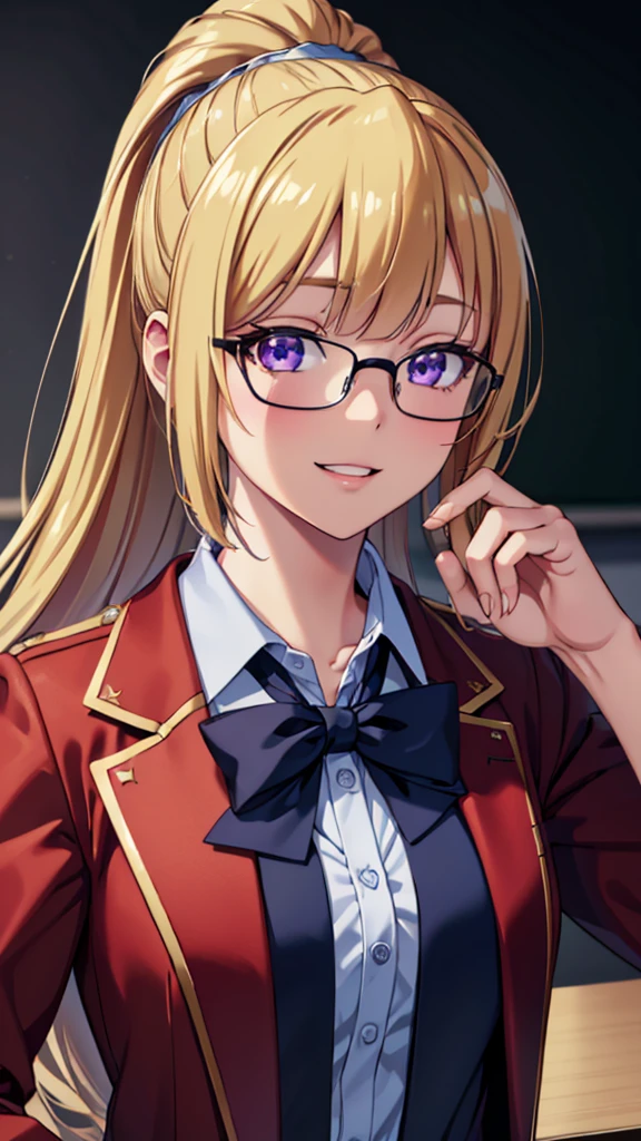 (masterpiece, best quality, absurdres), high quality, highres, ultra detailed, intricate, cinematic lighting, wallpaper, soft lighting, night, close-up, looking at viewer, beautiful woman, 1girl, parted lips, kei Karuizawa, small breasts, blonde hair, bangs, ponytail , detailed violet eyes, ((Super Realistic Detailed Eyes, glowing eyes)), ovall glasses, finger adjusts glasses, smiles, smirk, perfect fingers, in classroom, school class, school outfits, red coat, blue shirt, women's tie, blue skirt 