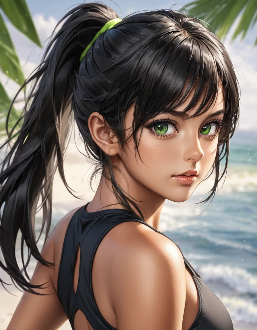 (best quality), 1girl, female, tanned skin, black hair, high ponytail, side swept bangs, long hair, green eyes, perfect eyes, tan lines, athletic, smug, masterpiece, anatomically correct, highres