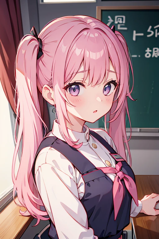 Girl with pink hair、Long twin tails、In uniform、classroom、She&#39;s pulling up her skirt herself、Black panties are visible、blush、smile