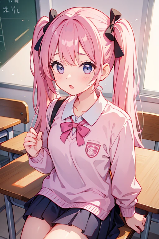 Girl with pink hair、Long twin tails、In uniform、classroom、She's pulling up her skirt herself、Black panties are visible、blush、smile