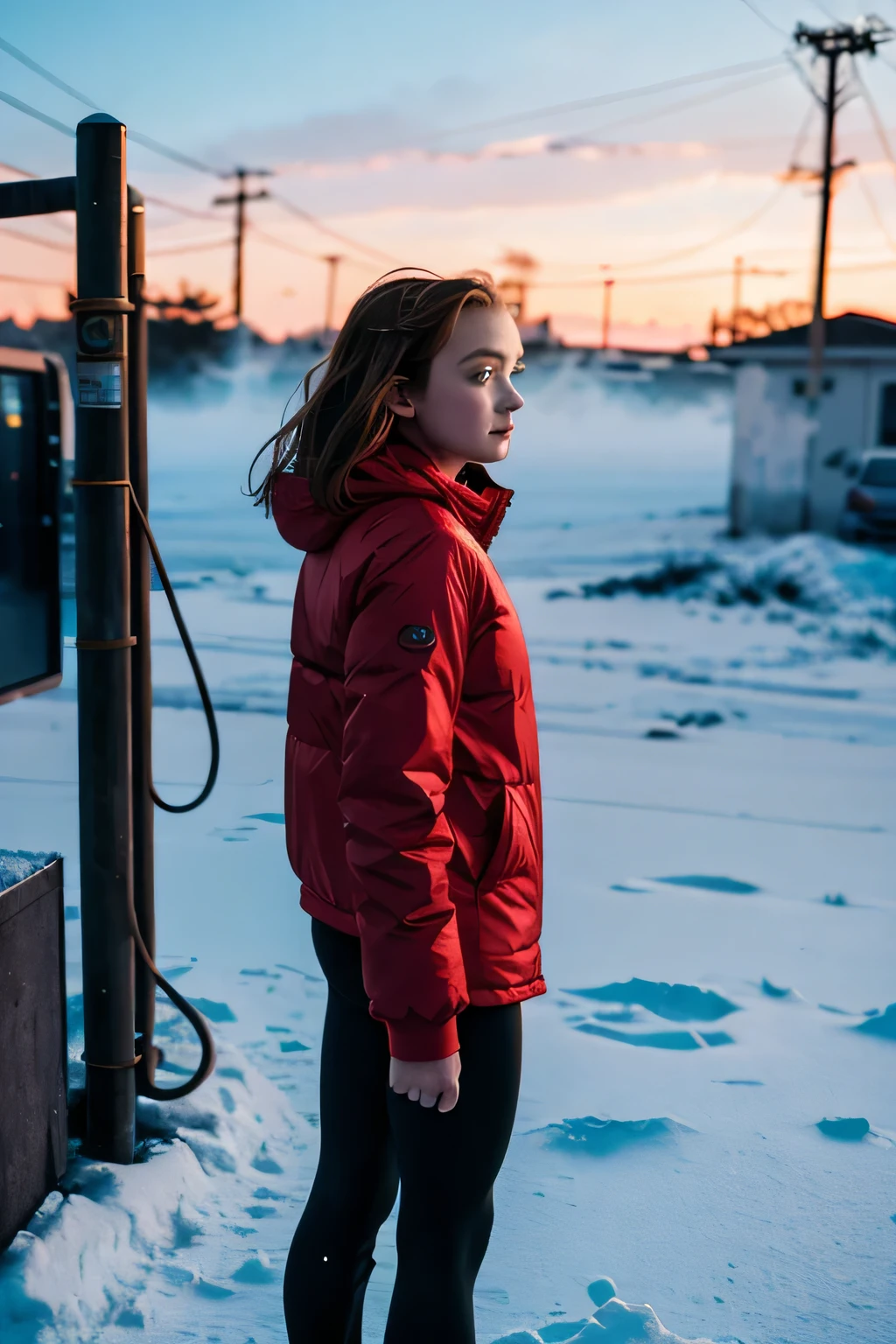 A young Sadie Sink in a skintight fleece and shiny leggings, 18 year old, dynamic action pose. Hyperrealistic, cinematic, low quality grainy film, contrasting saturated colours, (exploring an abandoned gas station in winter, looking off to the side:1.2), (thick fog and falling snow), (medium close shot:1.2), (worried, concerned),