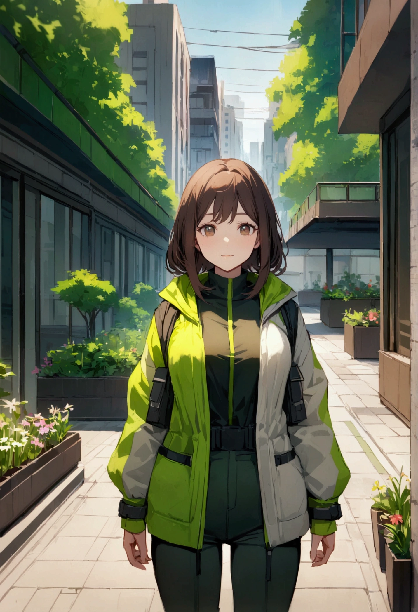 Create a 4K, highly detailed, and beautifully rendered image of a female urban environmental engineer, standing confidently in a bustling cityscape. She has long, wavy dark brown hair and hazel eyes, wearing practical yet stylish eco-friendly clothing in green tones. The background features a mix of modern buildings and lush green spaces, showcasing sustainable urban solutions such as rooftop gardens and solar panels. The image should capture her determination and compassion, with a warm, optimistic atmosphere, using vibrant and harmonious colors."