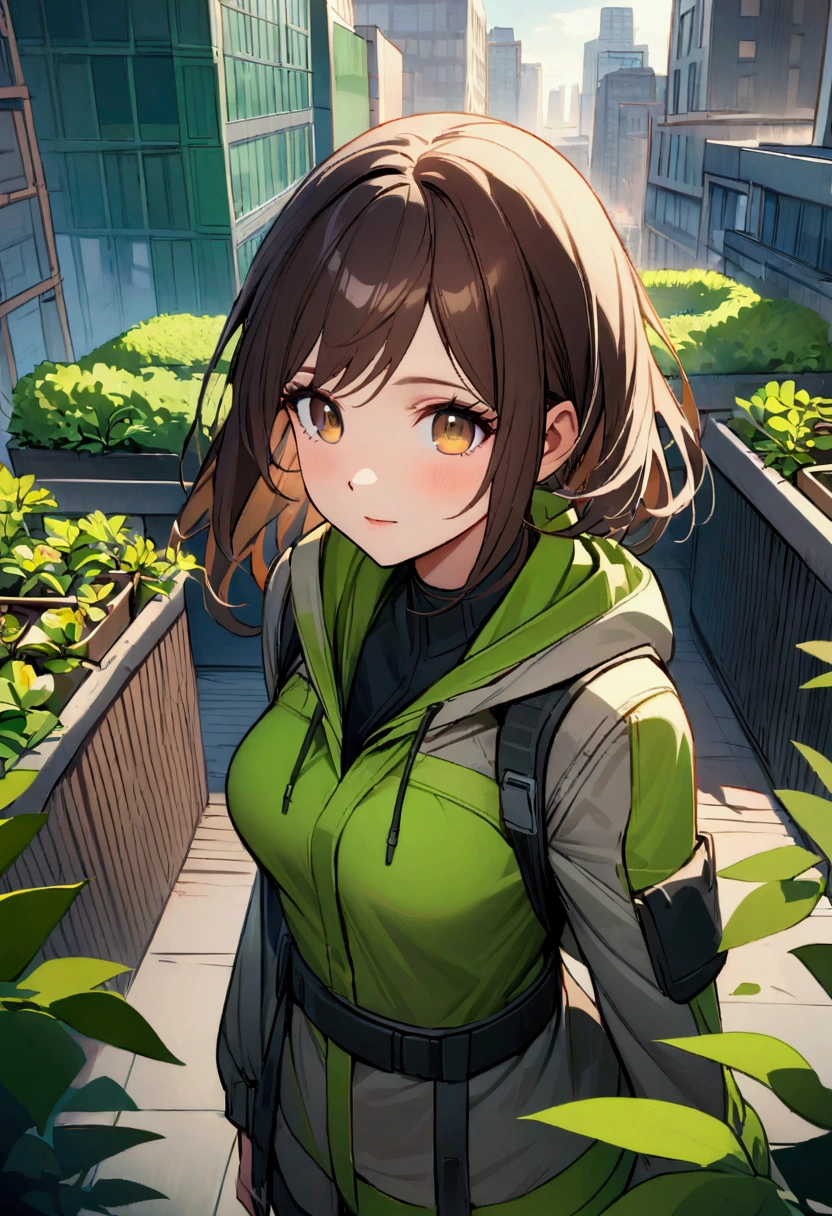 Create a 4K, highly detailed, and beautifully rendered image of a female urban environmental engineer, standing confidently in a bustling cityscape. She has long, wavy dark brown hair and hazel eyes, wearing practical yet stylish eco-friendly clothing in green tones. The background features a mix of modern buildings and lush green spaces, showcasing sustainable urban solutions such as rooftop gardens and solar panels. The image should capture her determination and compassion, with a warm, optimistic atmosphere, using vibrant and harmonious colors."