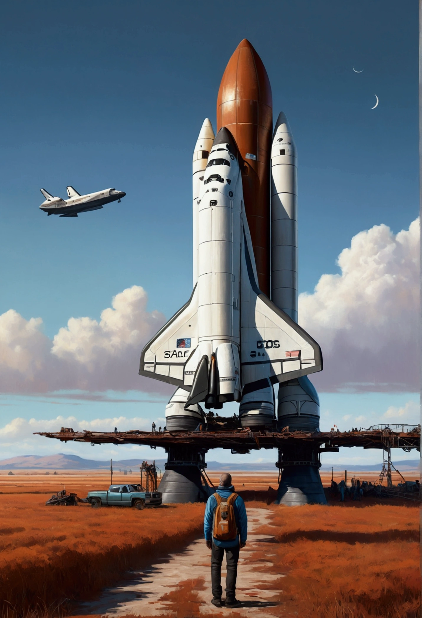 Space Shuttle in Rusty Field, landscape village, people standing, photorrealistic, Simon Stenhag style