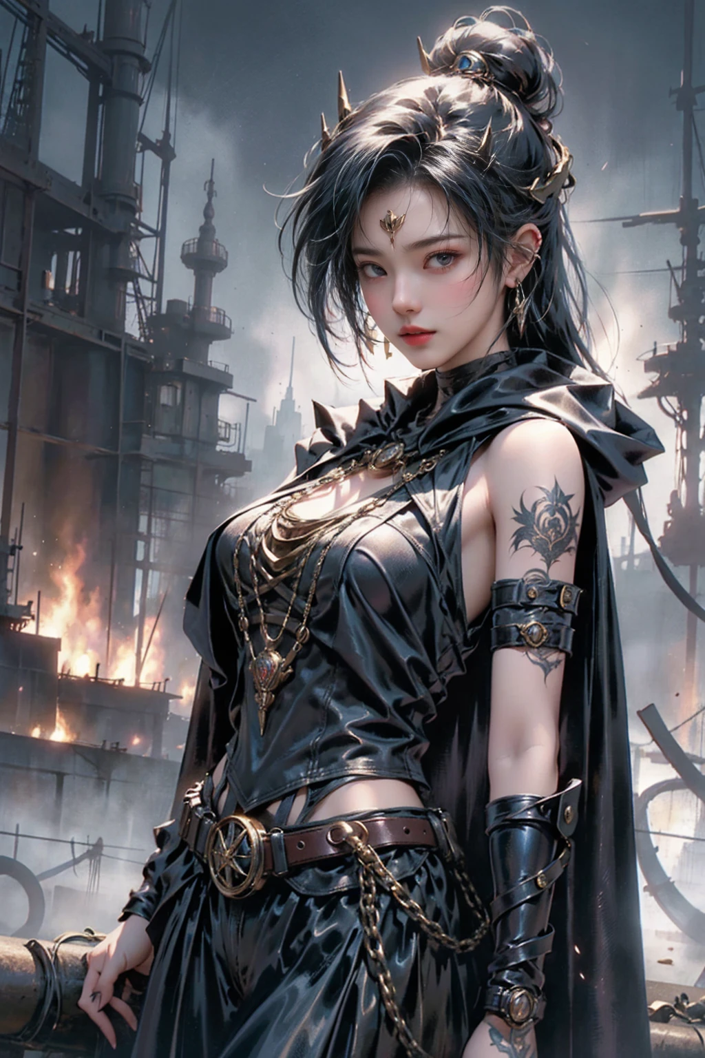 A striking portrait of a Tarotpunk woman, adorned with intricate steampunk-inspired tattoos and a mysterious aura. She wears a dark outfit with a flowing cape, and her eyes are hidden behind a pair of goggles. The background is a blend of dark, stormy skies and industrial cityscape, with a hint of a Tarot card design. The overall ambiance is a mix of dark fantasy and steampunk elements, creating an enigmatic atmosphere.