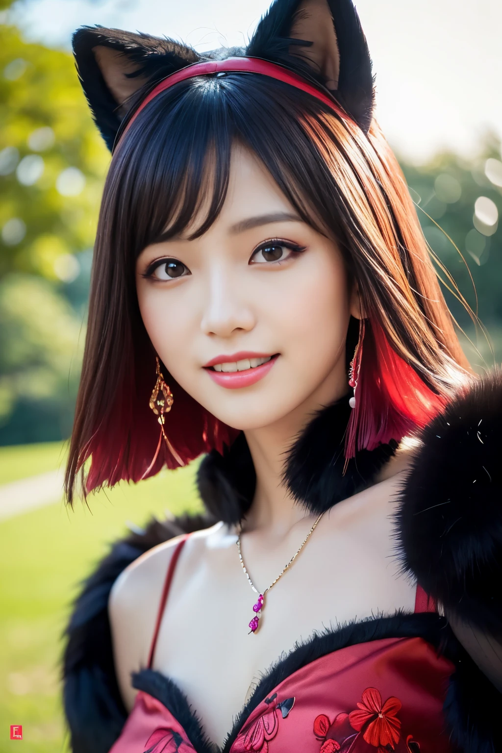 (masterpiece:1.4), (best quality:1.4), ultra high res, ultra high resolution, ((detailed facial features)), HDR, (realistic, photorealistic, photo-realistic:1.37), full body, sexy Indonesian model, (-anime), only 1 model, vivid colors, very short hair, (big smile), lip-gloss, long lashes, defined eyebrows, wearing large sparkling colorful jewelery, wearing a red silk Paradise Kiss cosplay dress with black floral embroidery, ((long fur vivid colors outfit)), vivid colors, look at the camera, cinematic light, large park background with trees, sweet and sexy pose