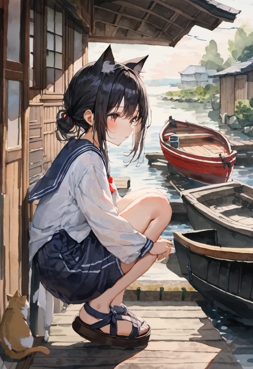 masterpiece, best quality,A girl squat down in a japanese rural harbor(Funaya, Kyoto), cat ears,(Sailor costume, shorts, sandals), old fishing boats, with cats,((look away)),magnificent view,(tween,short hight,middle small breasts),(Watercolor:1.3),