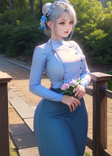 photorealistic, high resolution, masterpiec e best quality ultra-detailed, 1women. (m edium breast), hair bun, jesmine flower o n the head, mature female, solo, hips up, (wearing acmmsayarma outfit, acmmsaya rma ( 💙 top ) with buttons, long sleeves), ((acmmsayarma 💙 long skirt)