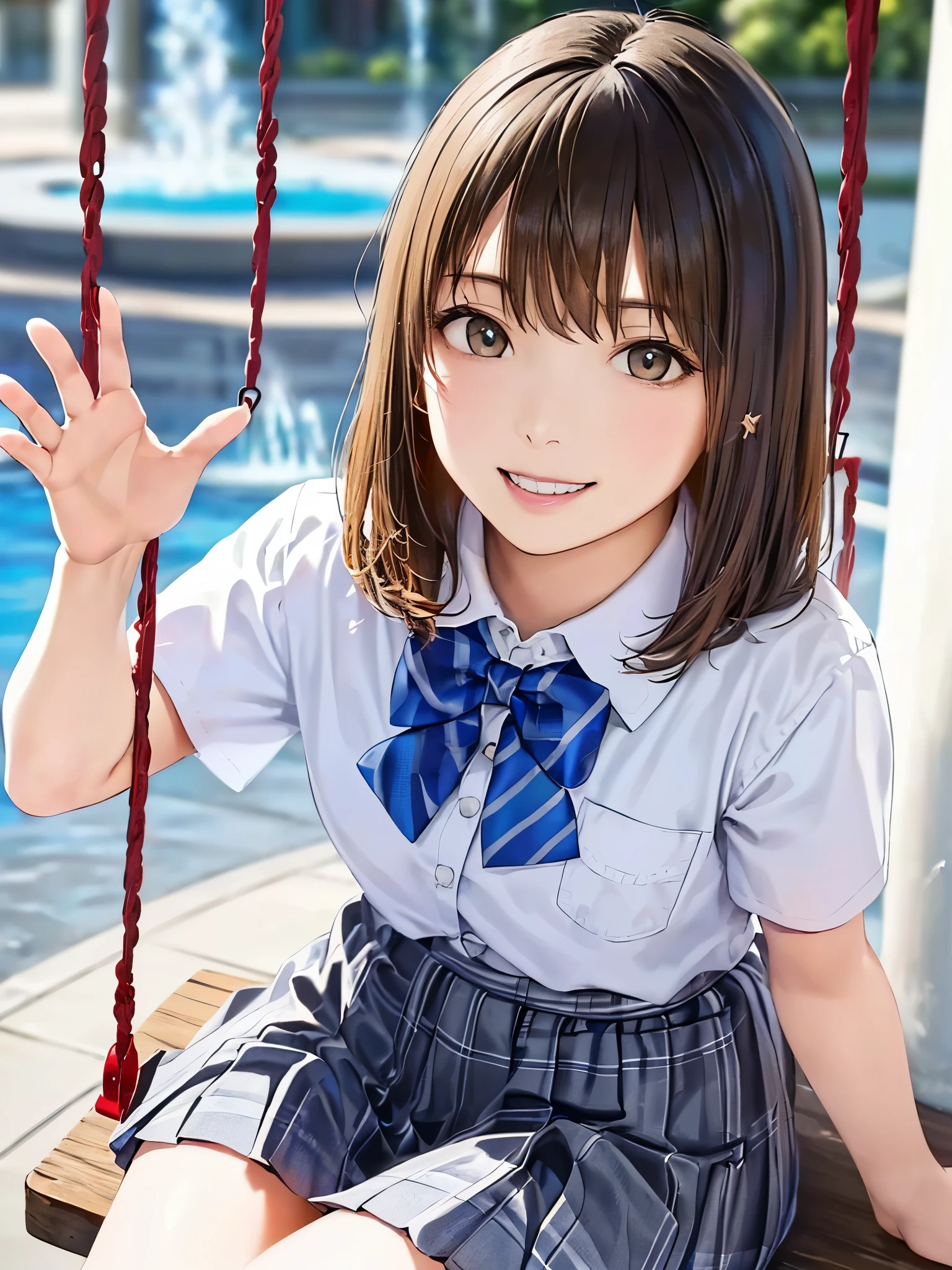 (Highest quality、8k、32K、masterpiece)、(Realistic)、(Realistic:1.2)、(High resolution)、Very detailed、Very beautiful face and eyes、(((Women's Solo Shot)))、Tight waist、(Highest quality、Attention to detail、Rich skin detail)、(Highest quality、8k、Oil paints:1.2)、(Realistic、Realistic:1.37)、Bright colors、(((Cowboy Shot)))、(((Bob Hair)))、(((Medium Hair)))、(((He has a happy face.)))、((smile))、(((Brown Hair)))、((Collared short-sleeved shirt, White shirt, , Grey plaid pleated skirt, Blue checked bow tie), )、(((daytime parking)))、(((Wave your right hand)))、(((There is a fountain)))、(((Sitting on a swing)))、(((Teeth are visible)))