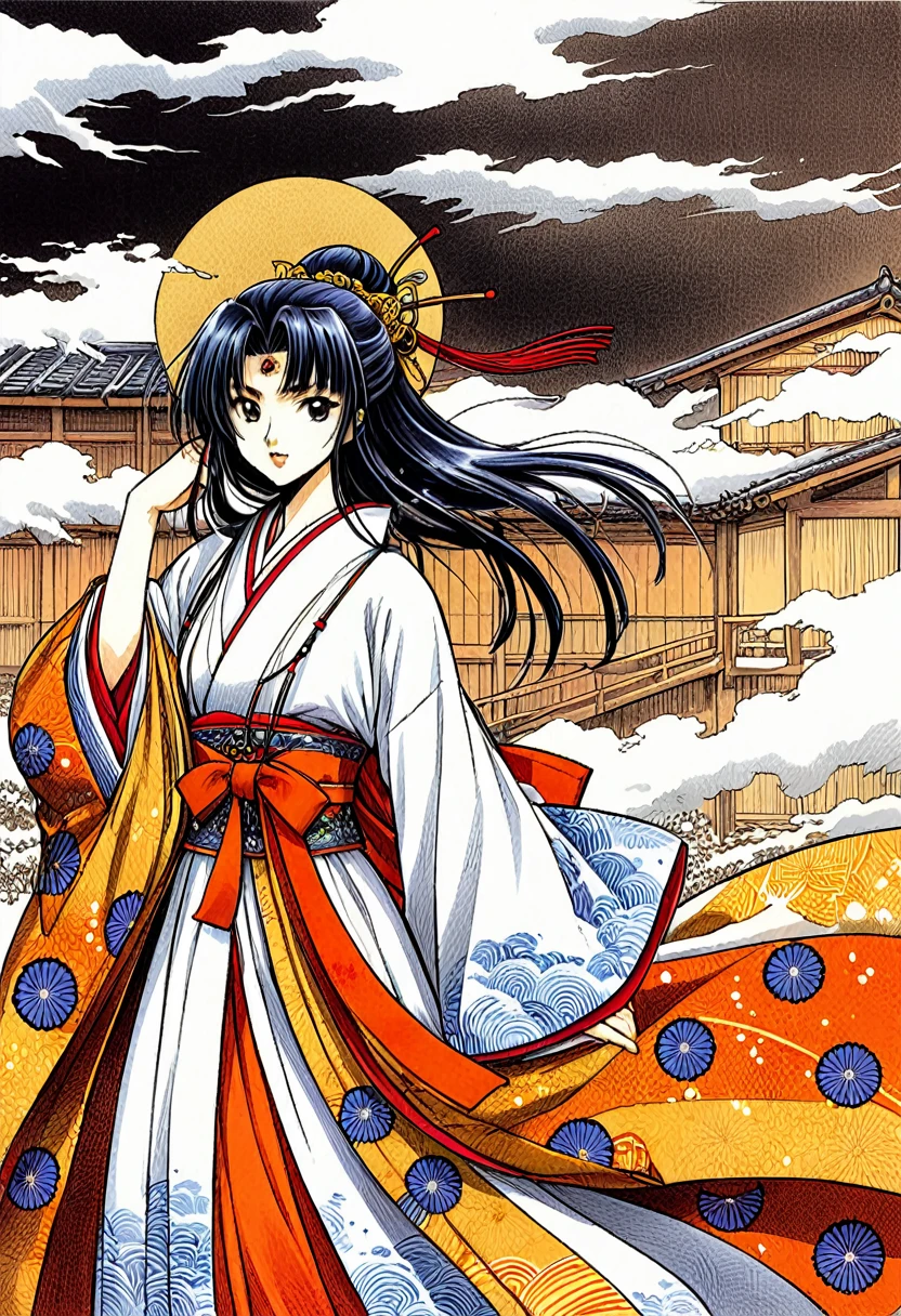 Cartoon of a woman in a kimono, Wearing a loose robe, ((wearing a noble robe)), Color manga page, Ishida Sui Art Manga, From the Sengoku period, Inspired by Sukenori Nishikawa, She is wearing an old Japanese princess outfit, In manga style, Color Manga Style, Wearing a long, flowing robe