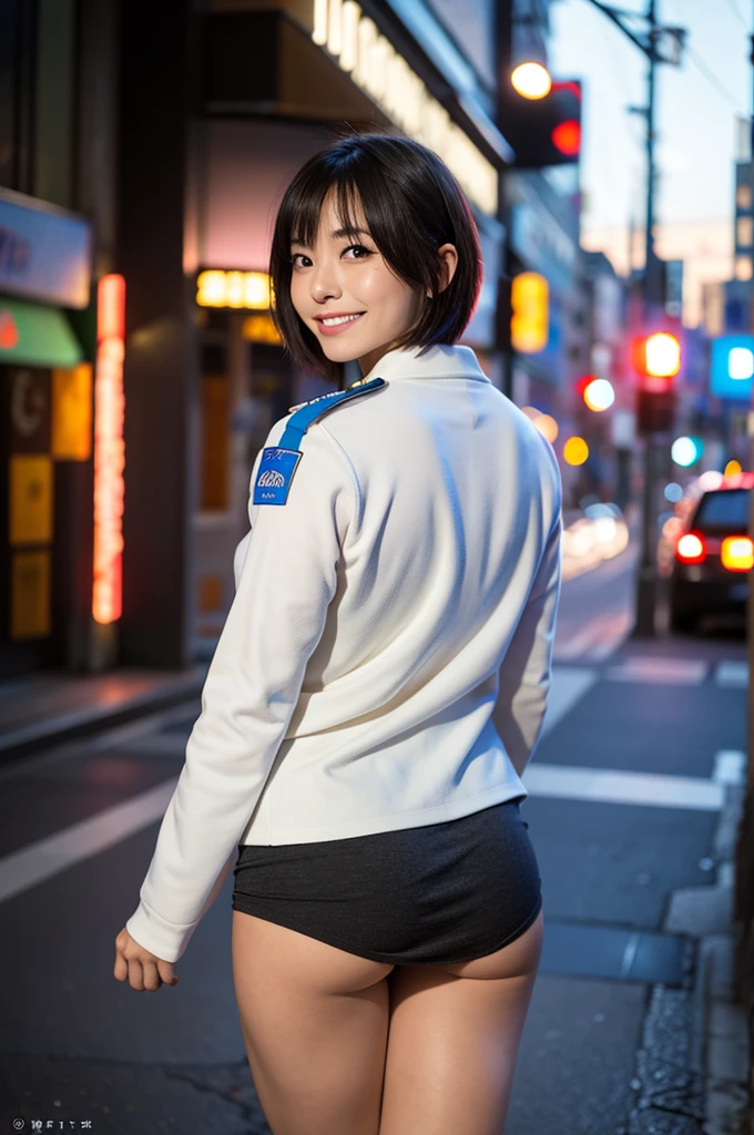 Highest quality,master piece,bokeh,incredibly absurdres,high resolution,lens flare,a girl, one girl,solo focus,alone,full body,perfect anatomy,8k,a girl, one girl,solo focus,alone,from front,sexy posing,very short hair,,Beautiful Japanese Women,Asian、Age 25,police uniform,,smile,teeth,Large Breasts、valley、arched back,The background is Tokyo at night、evening,sunset,one girl