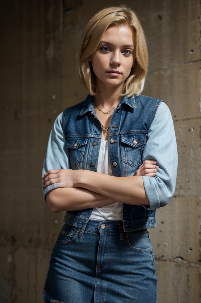 (bob)+(one-length cut)+(blonde hair), woman in a denim vest and skirt, denim jacket, jean jacket, wearing a jeans jackets, denim, ( ( ( wearing jeans ) ) ), femme, modern casual clothing, wearing denim, double denim, Black tights, blue eyes:1.2, crossed arms