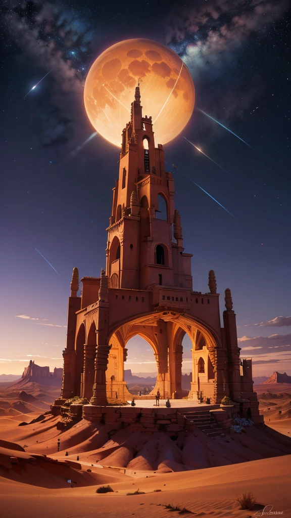 [stylized by Frederic Bazille| Antti Lovag], Drawing, landscape of a Monument Valley, Surreal and Romantic, Stars in the sky, Pop Art, Beautifully Lit, L USM