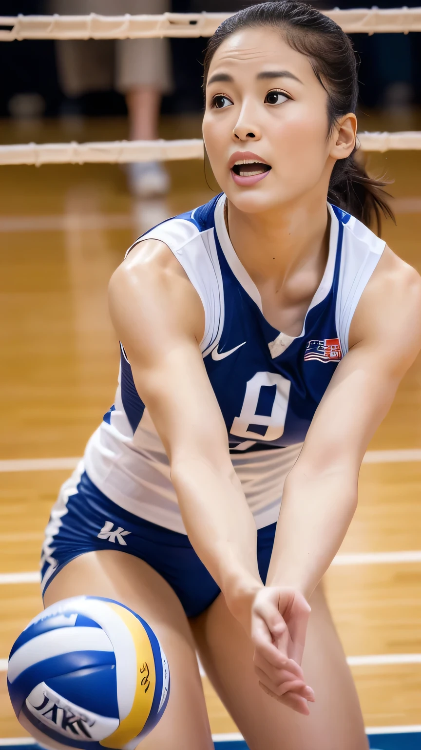 masterpiece, best quality, 1girl, serving volleyball, indoor court, athletic uniform, focused expression, action shot, bright lighting, detailed background
