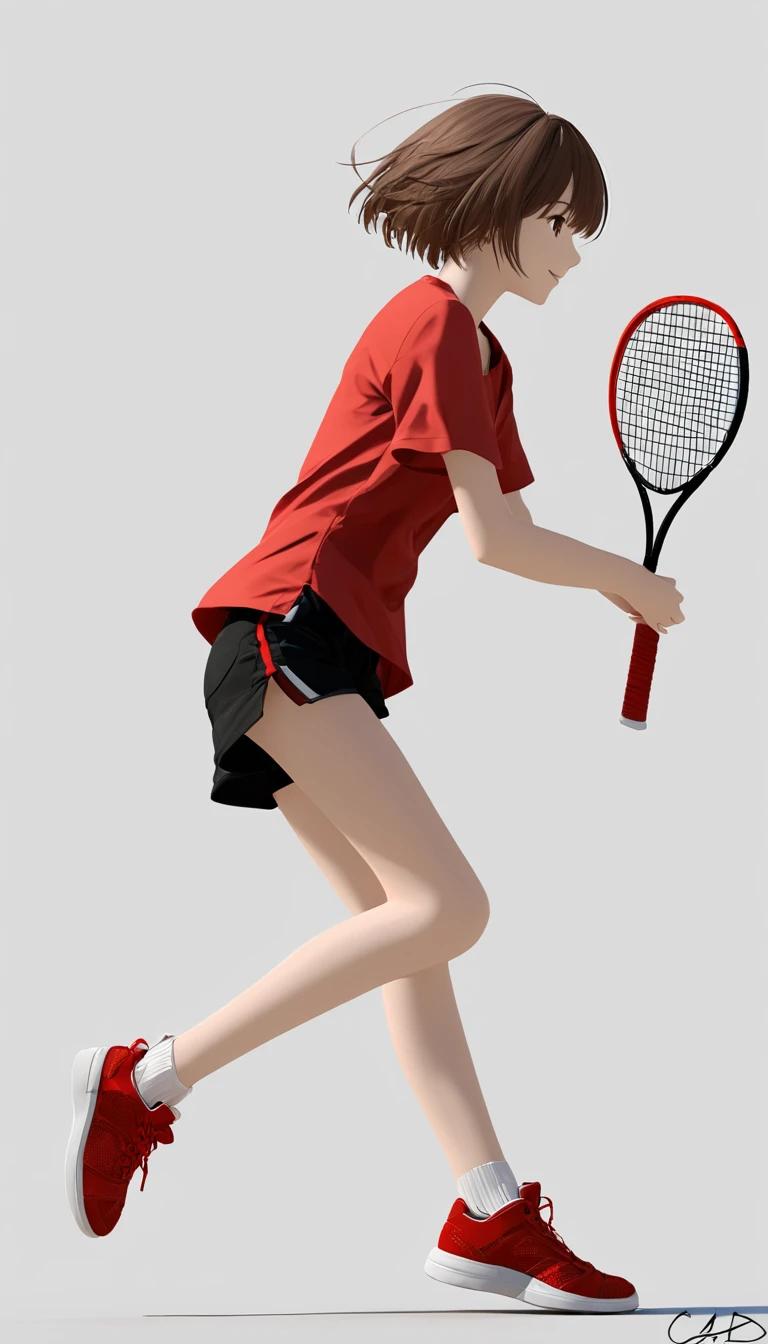 1girl， 独奏， smile， short_hair， simple_background， brown_hair， shirt， white_background， holding， full_body， short_sleeves， shoes， shorts， signature， profile， black_shorts， red_footwear， red_shirt， sneakers， jumping， racket，C4D Rendering，OC Rendering,Clarity Enhancement,Extremely high resolution