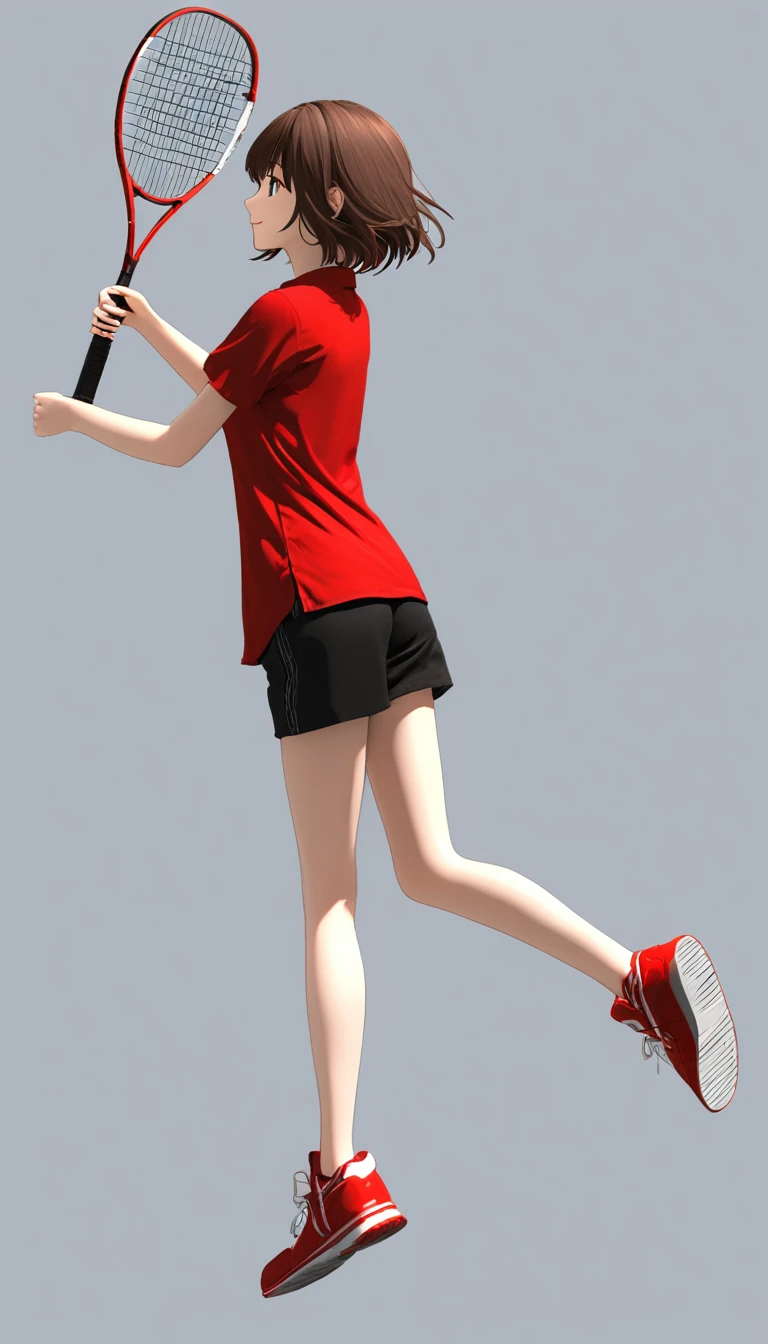 1girl, 独奏, smile, short_hair, simple_background, brown_hair, shirt, white_background, holding, full_body, short_sleeves, shoes, shorts, signature, profile, black_shorts, red_footwear, red_shirt, sneakers, jumping, racket,C4D Rendering,OC Rendering,Clarity Enhancement,Extremely high resolution