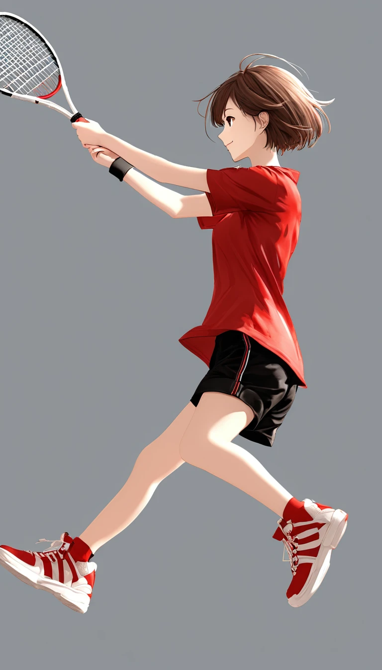 1girl， 独奏， smile， short_hair， simple_background， brown_hair， shirt， white_background， holding， full_body， short_sleeves， shoes， shorts， signature， profile， black_shorts， red_footwear， red_shirt， sneakers， jumping， racket，C4D Rendering，OC Rendering,Clarity Enhancement,Extremely high resolution