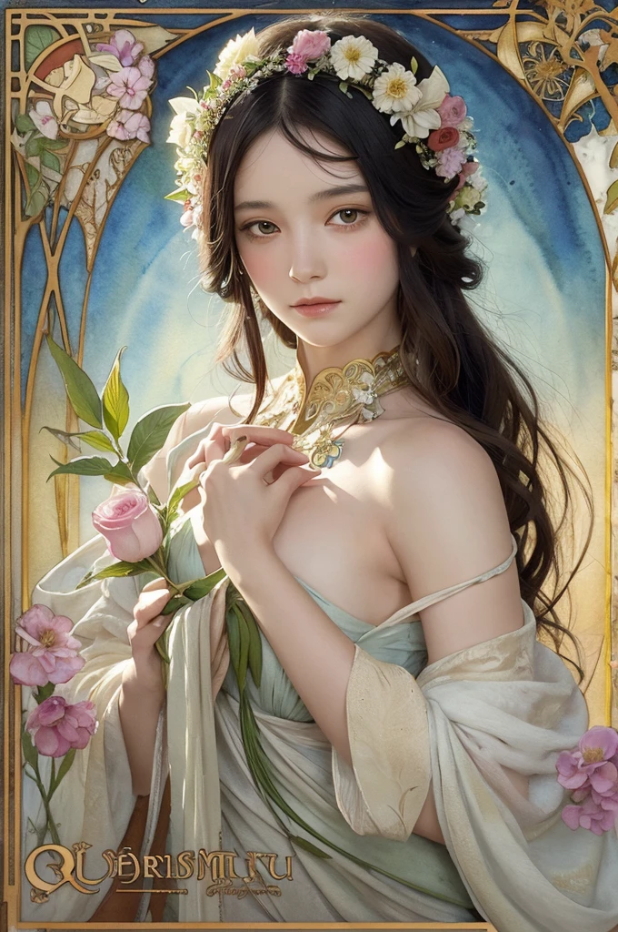 Depicts a beautiful woman with flowers in her hair、Highly detailed watercolor painting, The style of Alfons Maria Mucha and Gustav Kirmut, Art Nouveau accents, Fairy Princess, Anthropomorphic woman, Female figure, Detailed cover artwork, As the Flower Goddess, Alphonse Mucha, Gustav Klimt, Pale skin, Marble sculpture, society, Gothic art, Art Nouveau, Behance Contest Winner, black hair, Asian