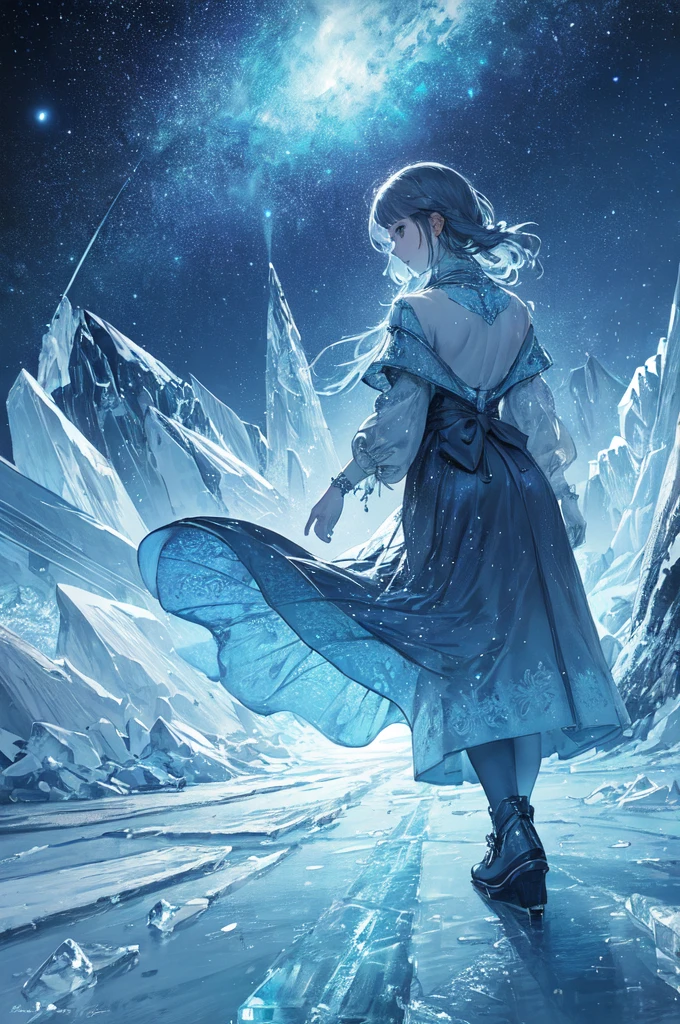 Backlight,cold,Ice storms,
(Blue Theme,Ice theme,Beautiful night sky,Glowing ice:1.3)
(masterpiece, best quality, Extremely detailed, Surrealism, photo), delicate patterned, Detailed background, Super detailed concept art,(dark:1.4), Dynamic Lighting, Faint light,High contrast,