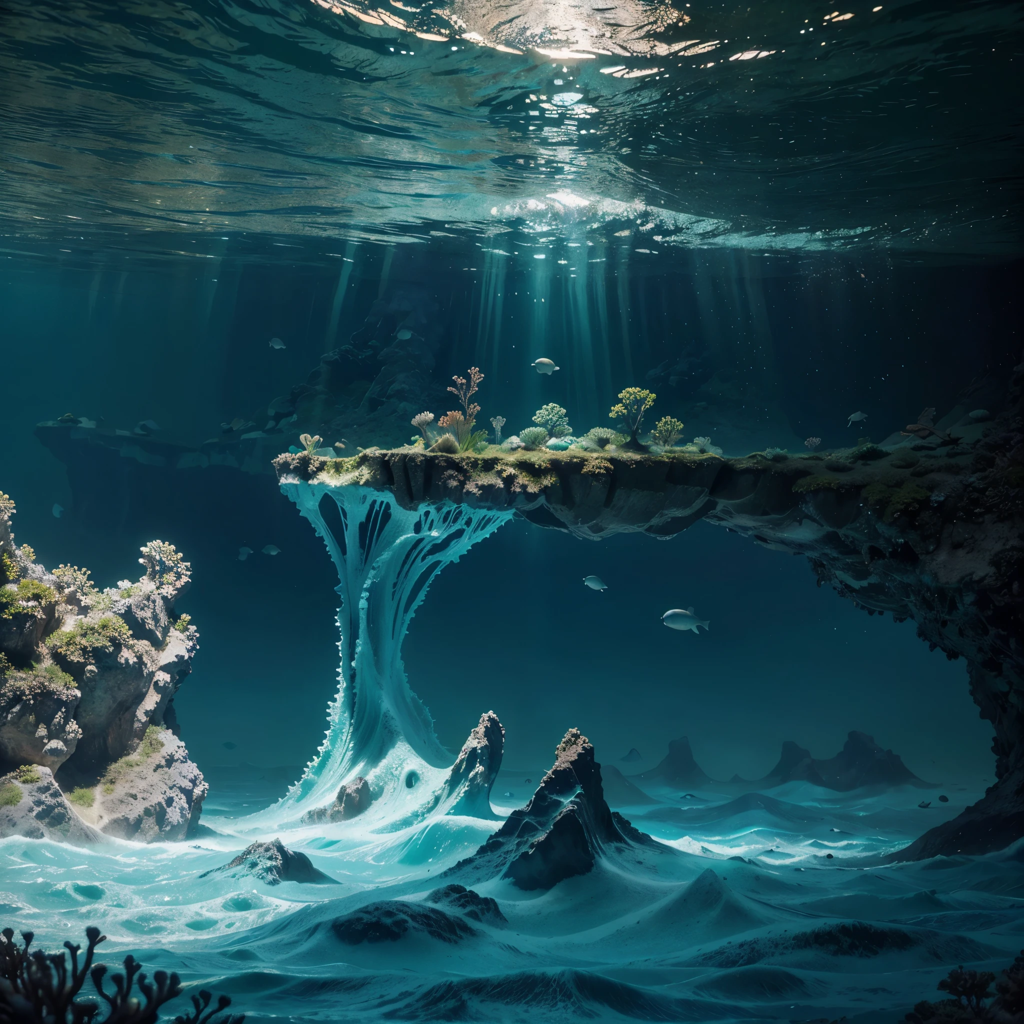 (Highest quality,4K,8k,High resolution,masterpiece:1.2),Ultra-detailed,(Realistic,fotoRealistic,fotoRealistic:1.37),Bright colors,Underwater Scene,Bright light, 超Realisticスタイル,Bioluminescent Plants,Dreamy atmosphere,Unique light refraction,Quiet Beauty,Mystery of the Deep Sea,Ethereal underwater world,Luminous marine life,Attractive colors,Mysterious Depths,Dynamic composition,Distorted Perspective,Organic Shapes,Stimulate curiosity,Submerged Surrealism,Quiet atmosphere,Subtle rainbow color,Underwater dreamscape,Torsional Current,Enchanting shadows,Wavy shape,Iridescent Coral,Explosive explosion of colors,Seamless Texture Combinations,Fluid movement,Strange sea creatures,Otherworldly beauty,Dancing rays,The majestic kingdom of the sea,Harmony of natural elements,超Realistic光と影の遊び
