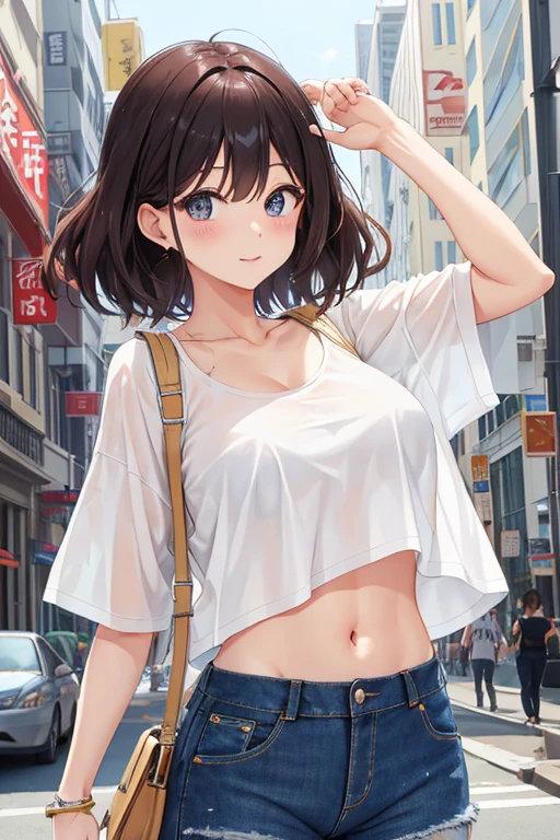 (8k、Best image quality、Highest quality、masterpiece)、Detailed face、1 girl、Black Hair、Shortcuts、((Long neckline))、Grey Eyes、Wicked Smile、Earrings、Small breasts，Flat chest，White tank top、Denim Long Pants、Cowboy Shot、Urban Background