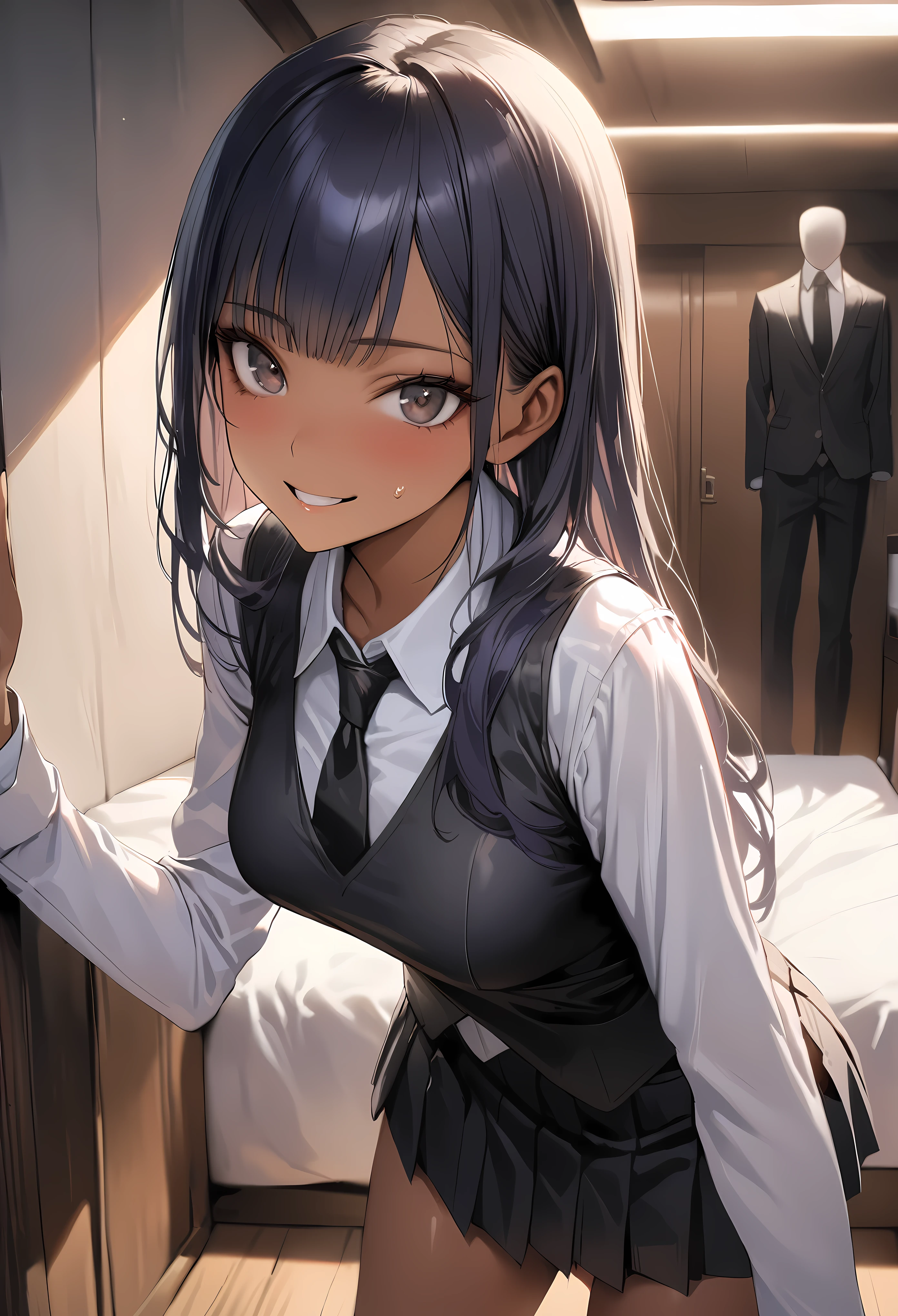 ((masterpiece,Highest quality:1.3,best quality illustration)),realistic,1woman,(20 year old beauty),((very small head:1.3)),ideal ratio body proportions,dark blue hair,straight long hair,bangs,black eyes,gorgeous big eyes,smile、((tan skin,skinny)),(Black vest、Black tie、White collared shirt、Long sleeve、Black pleated mini skirt)),medium breasts,gleaming skin,slender body,sweat,standing,Simple bedroom,Shinjuku、Tokyo、