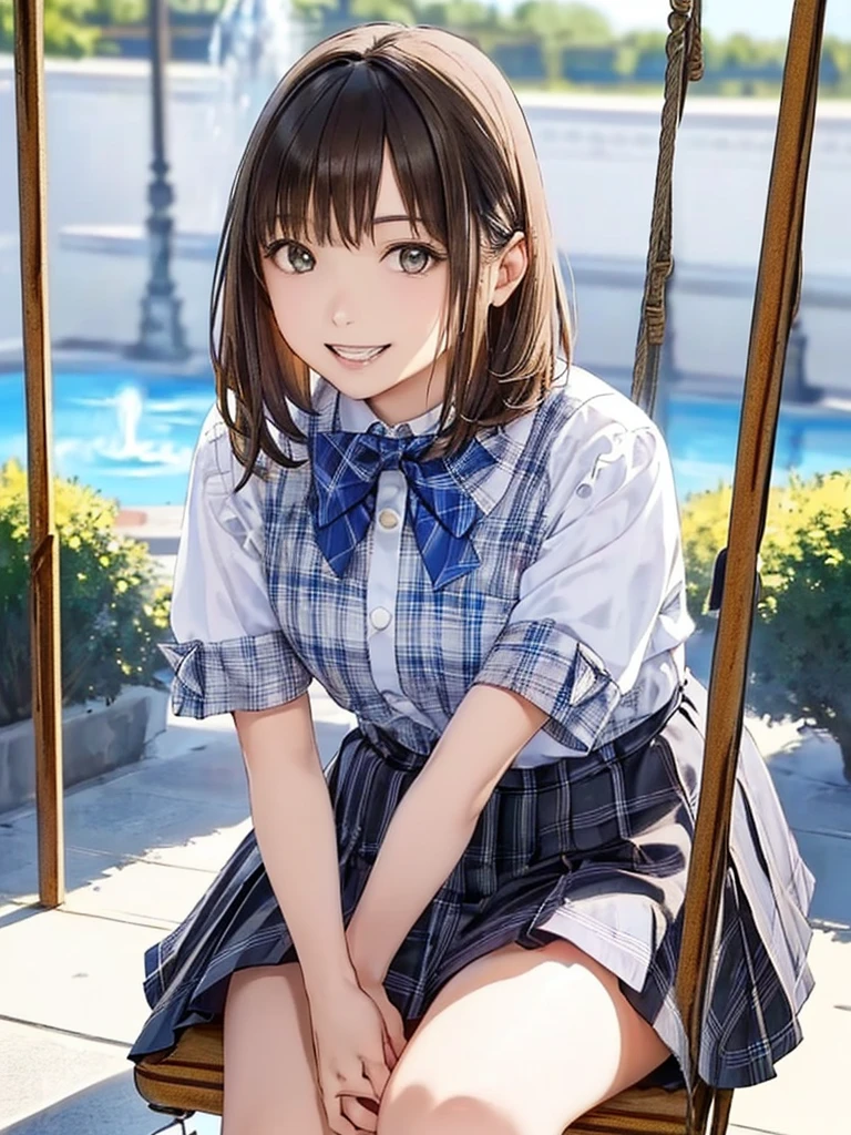(Highest quality、8k、32K、masterpiece)、(Realistic)、(Realistic:1.2)、(High resolution)、Very detailed、Very beautiful face and eyes、(((Women's Solo Shot)))、Tight waist、(Highest quality、Attention to detail、Rich skin detail)、(Highest quality、8k、Oil paints:1.2)、(Realistic、Realistic:1.37)、Bright colors、(((Cowboy Shot)))、(((Bob Hair)))、(((Medium Hair)))、(((He has a happy face.)))、((smile))、(((Brown Hair)))、((Collared short-sleeved shirt, White shirt, , Grey plaid pleated skirt, Blue checked bow tie), )、(((daytime parking)))、(((Wave your right hand)))、(((There is a fountain)))、(((Sitting on a swing)))、(((Teeth are visible)))
