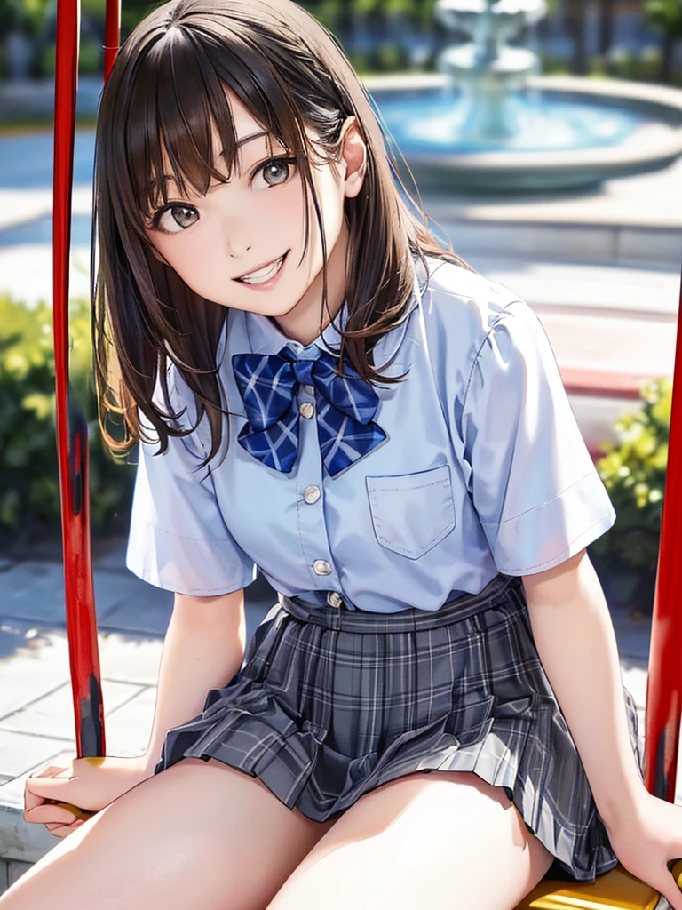 (Highest quality、8k、32K、masterpiece)、(Realistic)、(Realistic:1.2)、(High resolution)、Very detailed、Very beautiful face and eyes、(((Women's Solo Shot)))、Tight waist、(Highest quality、Attention to detail、Rich skin detail)、(Highest quality、8k、Oil paints:1.2)、(Realistic、Realistic:1.37)、Bright colors、(((Cowboy Shot)))、(((Bob Hair)))、(((Medium Hair)))、(((He has a happy face.)))、((smile))、(((Brown Hair)))、((Collared short-sleeved shirt, White shirt, , Grey plaid pleated skirt, Blue checked bow tie), )、(((daytime parking)))、(((Wave your right hand)))、(((There is a fountain)))、(((Sitting on a swing)))、(((Teeth are visible)))