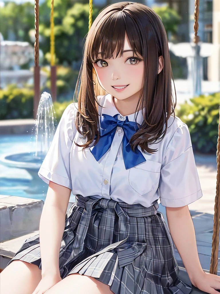 (Highest quality、8k、32K、masterpiece)、(Realistic)、(Realistic:1.2)、(High resolution)、Very detailed、Very beautiful face and eyes、(((Women's Solo Shot)))、Tight waist、(Highest quality、Attention to detail、Rich skin detail)、(Highest quality、8k、Oil paints:1.2)、(Realistic、Realistic:1.37)、Bright colors、(((Cowboy Shot)))、(((Bob Hair)))、(((Medium Hair)))、(((He has a happy face.)))、((smile))、(((Brown Hair)))、((Collared short-sleeved shirt, White shirt, , Grey plaid pleated skirt, Blue checked bow tie), )、(((daytime parking)))、(((Wave your right hand)))、(((There is a fountain)))、(((Sitting on a swing)))、(((Teeth are visible)))