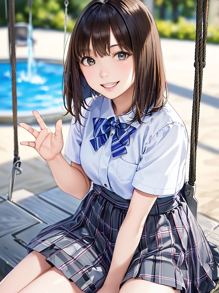 (Highest quality、8k、32K、masterpiece)、(Realistic)、(Realistic:1.2)、(High resolution)、Very detailed、Very beautiful face and eyes、(((Women's Solo Shot)))、Tight waist、(Highest quality、Attention to detail、Rich skin detail)、(Highest quality、8k、Oil paints:1.2)、(Realistic、Realistic:1.37)、Bright colors、(((Cowboy Shot)))、(((Bob Hair)))、(((Medium Hair)))、(((He has a happy face.)))、((smile))、(((Brown Hair)))、((Collared short-sleeved shirt, White shirt, , Grey plaid pleated skirt, Blue checked bow tie), )、(((daytime parking)))、(((Wave your right hand)))、(((There is a fountain)))、(((Sitting on a swing)))、(((Teeth are visible)))