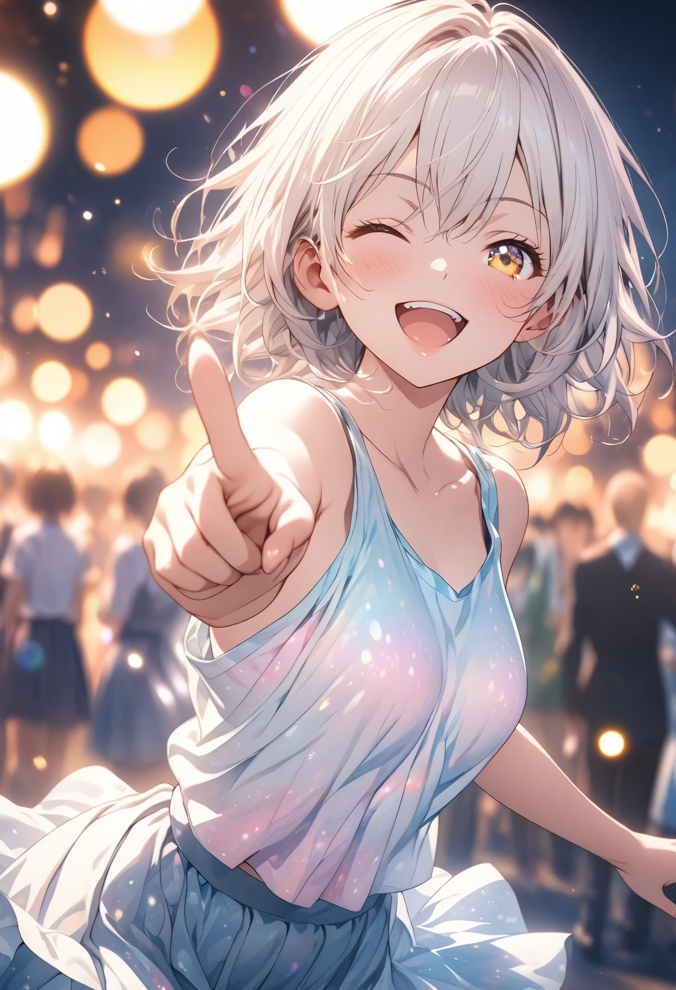 masterpiece, Highest quality, Highly detailed CG Unity 8K wallpapers, High Girl Anime Illustration. Wear an oversized tank top、Love Dance Solo, Pointing index finger, she has her eyes closed and mouth open, smile. The background is a light pastel colored landscape.., white hair color, Yellow Eyes, bokeh photography, (soft focus):1.2, out-of-focus highlights, dreamy ambiance, glowing circles, mesmerizing depth, The background is realistic