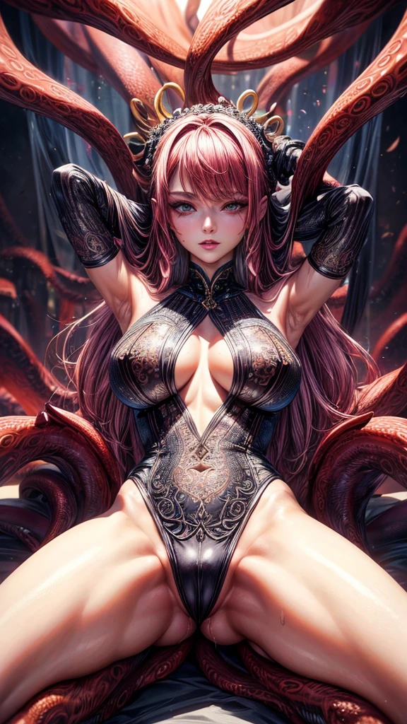 (Ultra-detailed, A high resolution, Masterpiece:1.2), professional, Vibrant colors, Stunning lighting, Fashion show, Charismatic model, posing elegantly, detailed outfits, Catwalk, Stylish atmosphere, mesmerizing looks,Exquisite facial features, A confident expression, Dynamic movements, Atmospheric lighting, GLOSSY TEXTURE, Luxurious design, Intricate patterns, haute couture fashion, edgy style, A well-crafted ensemble, Exquisite details.erect nipples ((tentacles sex)) cum on body open mouse