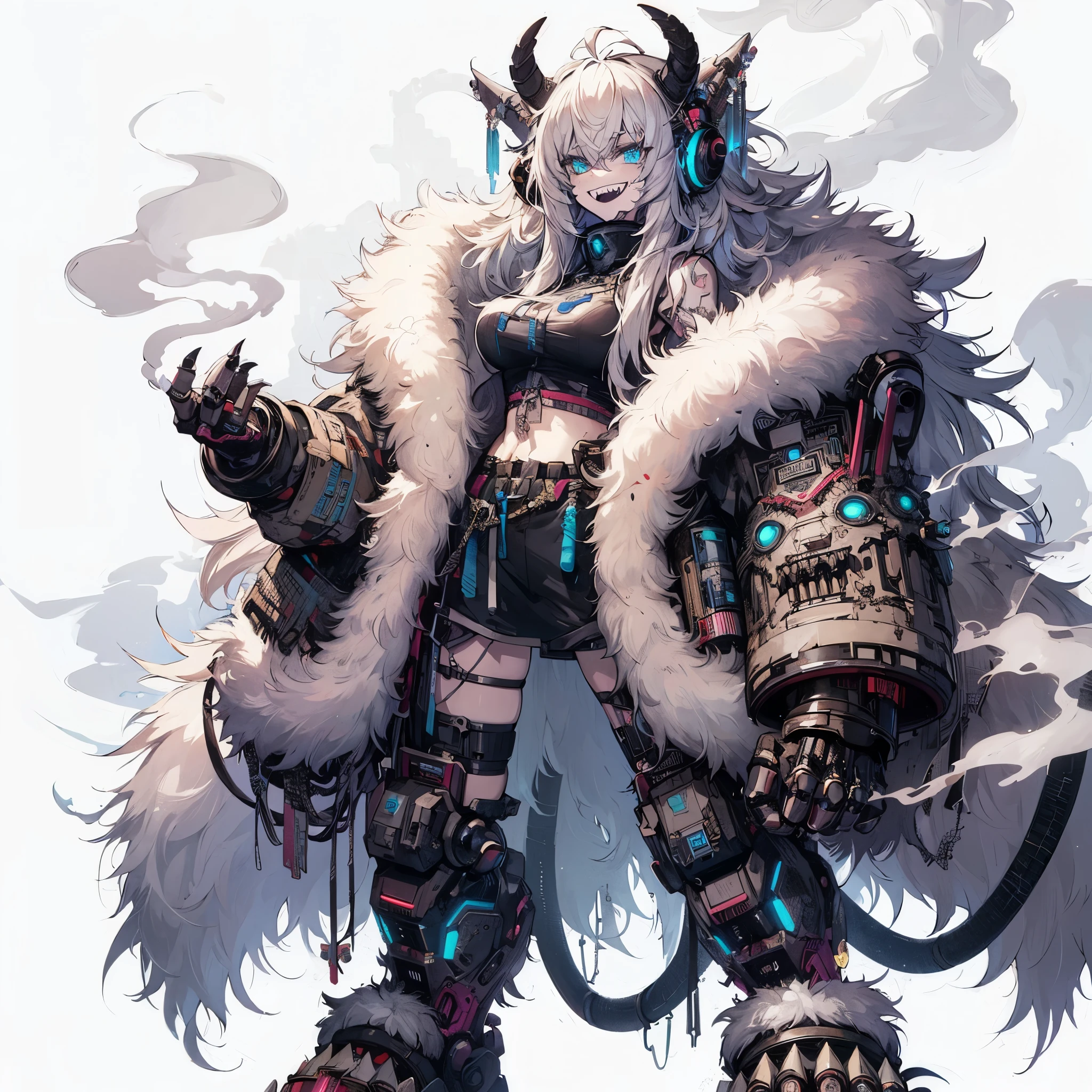 (Masterpiece, Top Quality), (Fine Hair), Ultra-Detailed, Anime Style, Solo, Full Length, Concept Art, cute cyberpunk beasty lady, massive, SMILING-JAGGED-TEETH, WHITE SHAGGY HAIR. turquois-blue eyes, Fluffy fur claws, wearing fur coat and cyber- KIMONO. smokes. cyber horned, wearing iron clogs, white background, whole body, tall and stylish, VERY MASSIVE. Muscular, standing full length, standing on wasted earth,