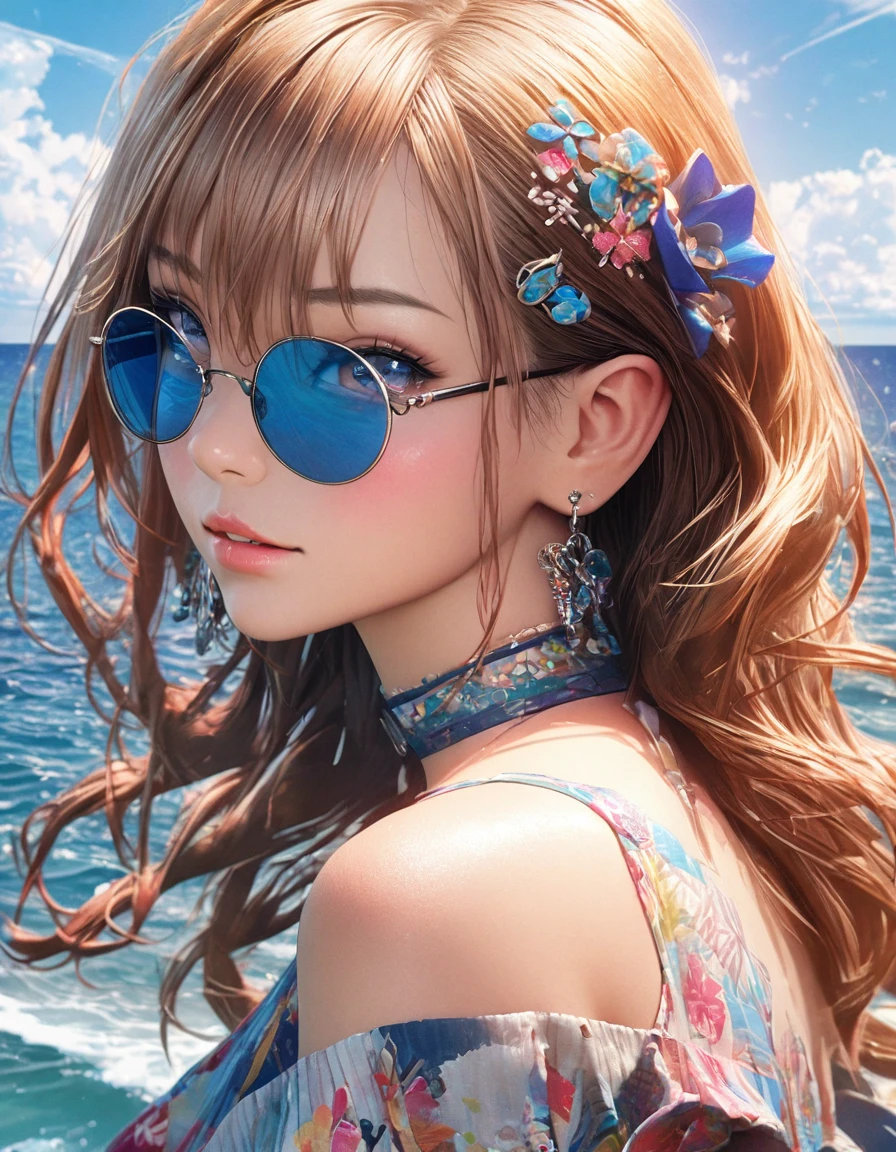 1girl,beautiful detailed eyes,beautiful detailed lips,extremely detailed face,long hair,bangs,hair ornament,hair between eyes,bare shoulder,wearing sunglass,earrings,choker,seascape,blue ocean,sunny day,kawaii,vibrant colors,photorealistic,8k,highres,masterpiece,professional
