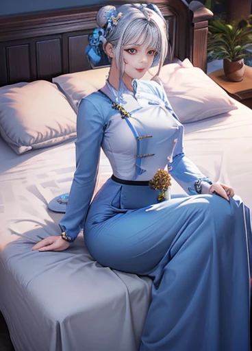photorealistic, high resolution, masterpiec e best quality ultra-detailed, 1women. (m edium breast), hair bun, jesmine flower o n the head, mature female, solo, hips up, (wearing acmmsayarma outfit, acmmsaya rma ( 💙 top ) with buttons, long sleeves), ((acmmsayarma 💙 long skirt)