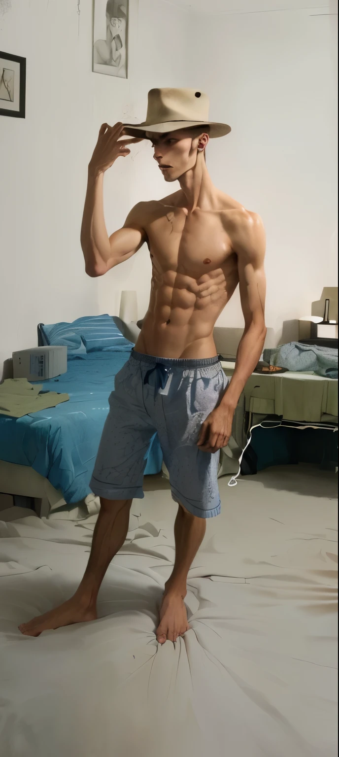 there is a man that is standing in a room with a hat, 2 , thin young male, extremely thin physique, his face expresses the emotions of guilt and loss. The background involves his bed. He is so thin that his abs are prominent and the ribs of his chest can be seen clearly.
