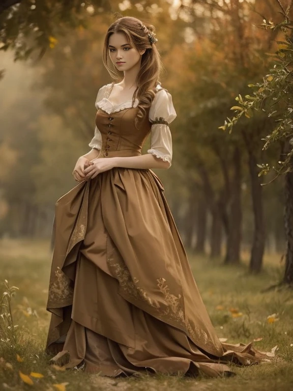 (Pure Color: 0.9), (Color: 1.1), (Masterpiece: 1,2), Top Quality, Masterpiece, High Resolution, Original, Highly Detailed Wallpaper, Beauty, Victorian, Dress, Melancholy, slender body, medium Breasts, Sepia Color, 25 years old, outdoor