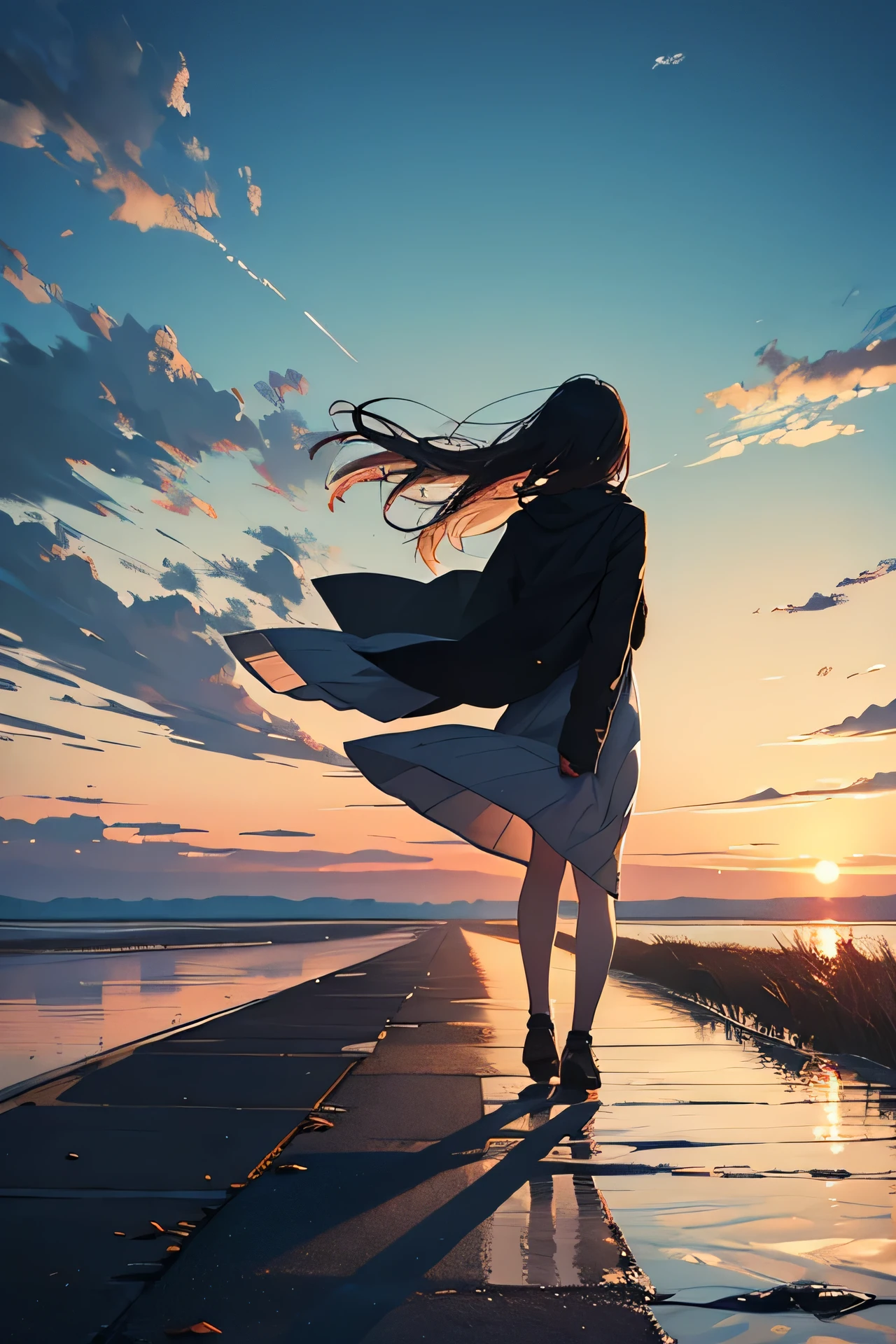 Wandering alone in solitude。Woman feeling the wind。